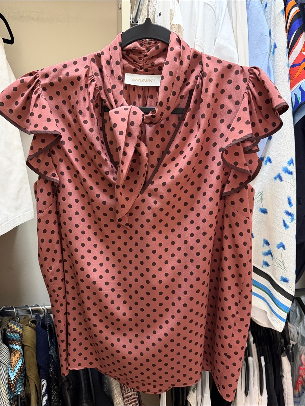 Zimmermann Rose Pink Polka Dot Ruffle Tie-Neck Blouse